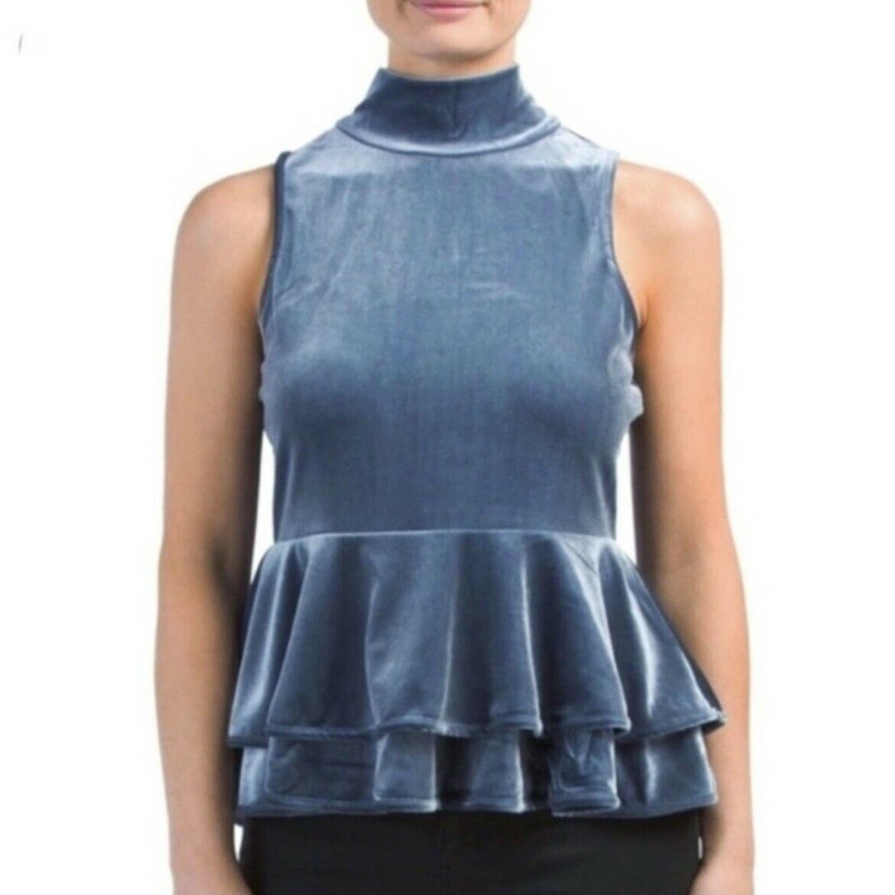 Torn By Ronny Kobo Blue Velvet Sleeveless Peplum Top Size Small‎
